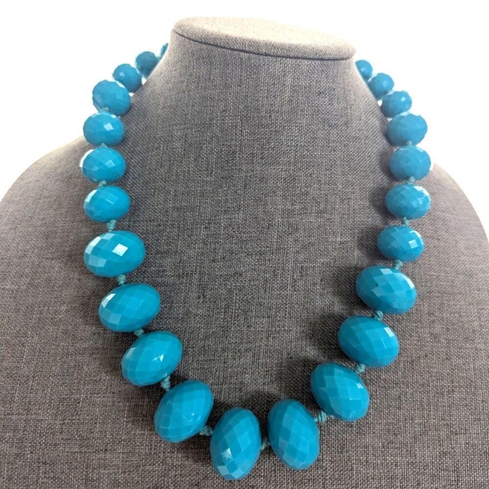 Y2K Chunky Hand Knotted Faceted Acrylic Turquoise Beaded Statement Necklace